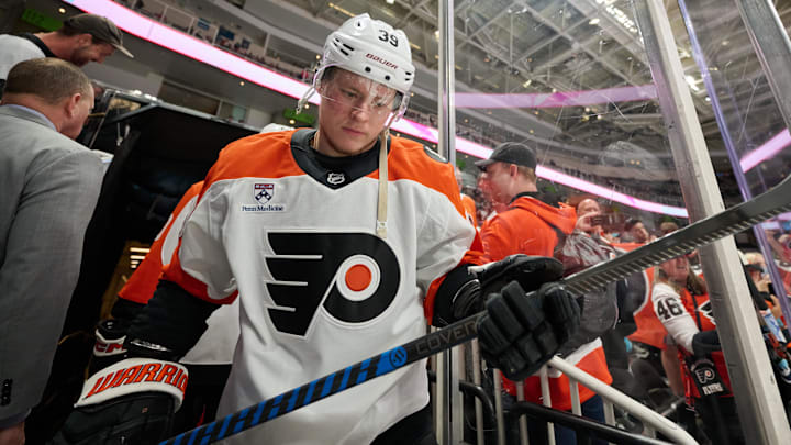 Mar 21, 2026; San Jose, California, USA; Philadelphia Flyers right wing Matvei Michkov (39) walks to the ice for warmups before the game against the San Jose Sharks at SAP Center at San Jose. Mandatory Credit: Robert Edwards-Imagn Images