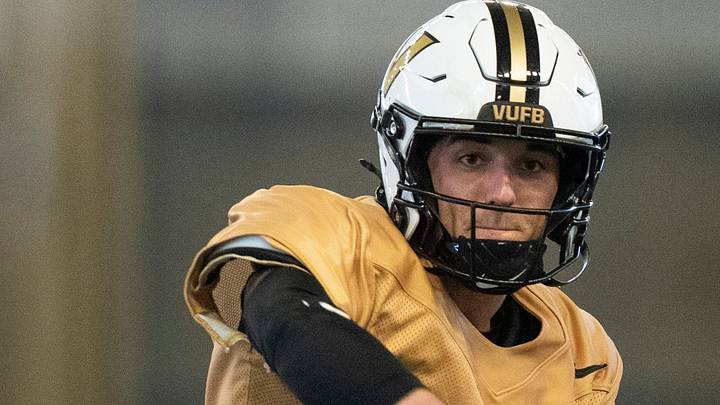 Vanderbilt quarterback Blaze Berlowitz (1) throws during preseason practice at the school’s indoor facility Friday, Aug. 14, 2026. Vanderbilt quarterback Blaze Berlowitz (1) throws during preseason practice at the school’s indoor facility Friday, Aug. 14, 2026.