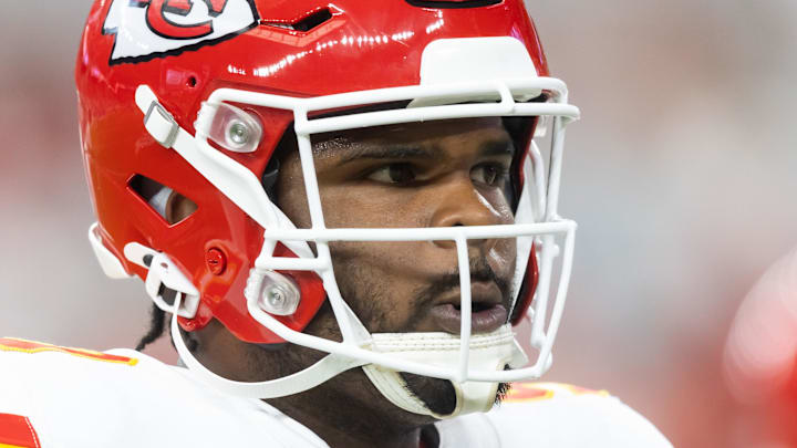 Aug 9, 2025; Glendale, Arizona, USA; Kansas City Chiefs defensive tackle Jerry Tillery (99) against the Arizona Cardinals during a preseason NFL game at State Farm Stadium. Mandatory Credit: Mark J. Rebilas-Imagn Images