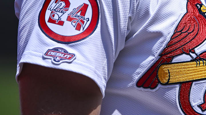 Jul 31, 2024; St. Louis, Missouri, USA;  A detailed view of St. Louis Cardinals starting pitcher Michael McGreevy (36) Major League Debut patch during the second inning against the Texas Rangers at Busch Stadium. Mandatory Credit: Jeff Curry-Imagn Images