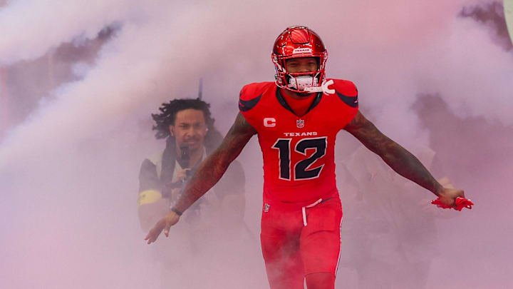 Dec 21, 2025; Houston, Texas, USA; Houston Texans wide receiver Nico Collins (12) is introduced before playing against the La