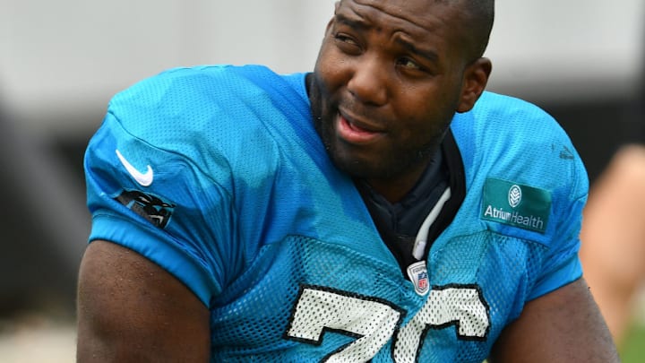 CHARLOTTE, NORTH CAROLINA - AUGUST 24: Russell Okung #76 of the Carolina Panthers waits between drills during a training camp session at Bank of America Stadium on August 24, 2020 in Charlotte, North Carolina. CHARLOTTE, NORTH CAROLINA - AUGUST 24: Russell Okung #76 of the Carolina Panthers waits between drills during a training camp session at Bank of America Stadium on August 24, 2020 in Charlotte, North Carolina.