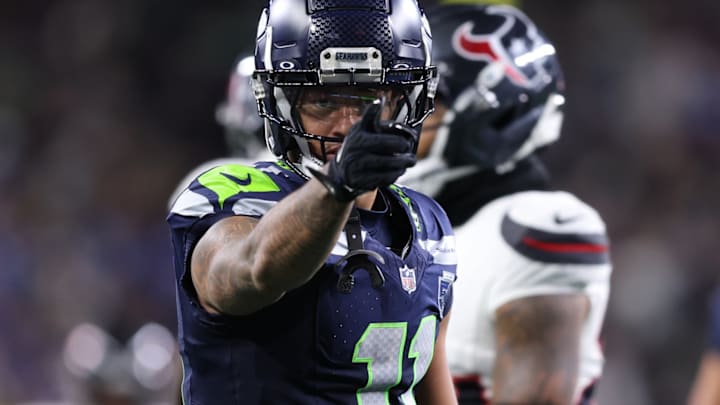 Oct 20, 2025; Seattle, Washington, USA; Seattle Seahawks wide receiver Jaxon Smith-Njigba (11) celebrates after a first down during the third quarter against the Houston Texans at Lumen Field.