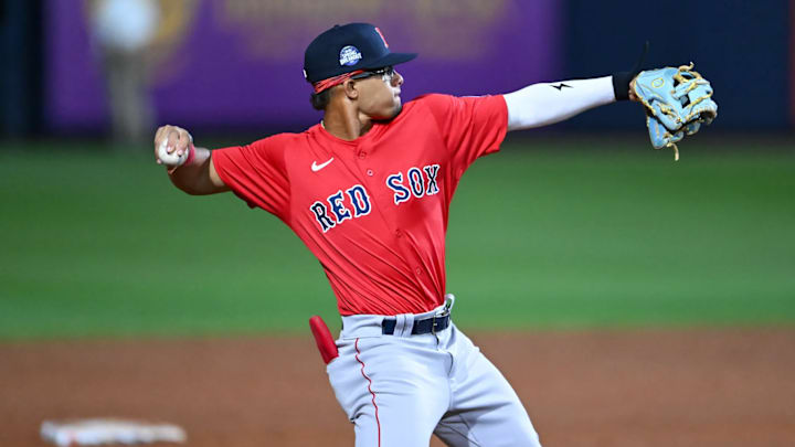 Red Sox prospect Franklin Arias playing short stop for the Red Sox in the Spring Breakout game. Arias is currently batting over .400 for  the Low A Salem Red Sox 