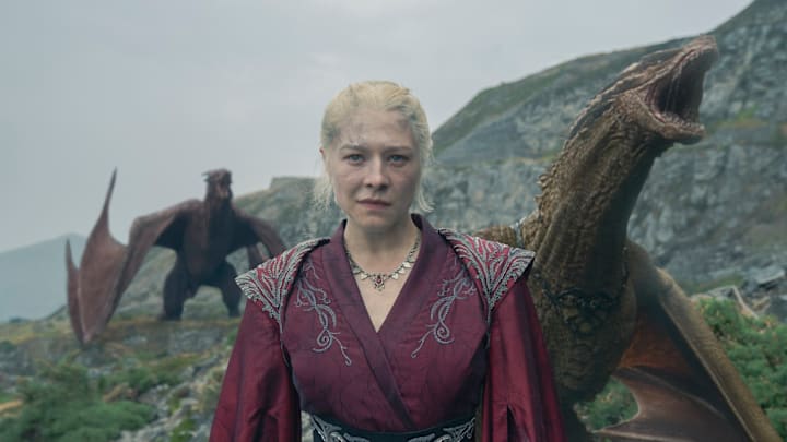 Rhaenyra Targaryen (Emma D'Arcy) with the dragons Syrax and Vermithor in House of the Dragon season 2