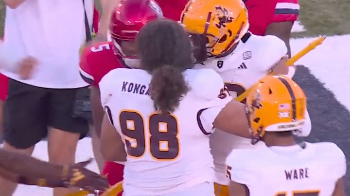 Arizona transfer Jacob Rich Kongaika tried to plant the Arizona State pitchfork at midfield after ASU beat Arizona 49-7. Arizona transfer Jacob Rich Kongaika tried to plant the Arizona State pitchfork at midfield after ASU beat Arizona 49-7.