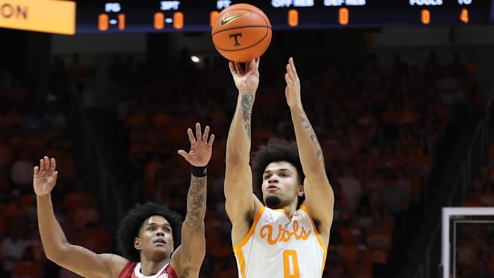 Feb 28, 2026; Knoxville, Tennessee, USA; Tennessee Volunteers guard Ja'kobi Gillespie (0) shoots a three pointer against the Alabama Crimson Tide during the first half at Thompson-Boling Arena at Food City Center. Mandatory Credit: Randy Sartin-Imagn Images Feb 28, 2026; Knoxville, Tennessee, USA; Tennessee Volunteers guard Ja'kobi Gillespie (0) shoots a three pointer against the Alabama Crimson Tide during the first half at Thompson-Boling Arena at Food City Center. Mandatory Credit: Randy Sartin-Imagn Images