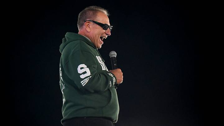 Michigan State’s head coach Tom Izzo addresses campers during the Izzone Campout on Friday, Oct. 2, 2026, at Munn Field in East Lansing.
