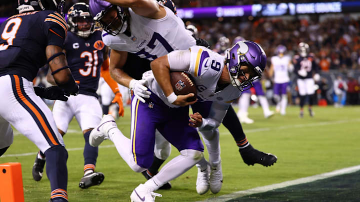 J.J. McCarthy scores on a rushing touchdown against the Bears. J.J. McCarthy scores on a rushing touchdown against the Bears.