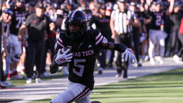 Texas Tech's Caleb Douglas runs after a catch against UCF during a Big 12 Conference football game, Saturday, Nov. 15, 2025, at Jones AT&T Stadium.