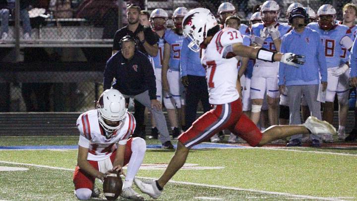 Nixa's Jonah Fields kicks a field goal against Glendale at Glendale High School on Thursday, Oct. 22.