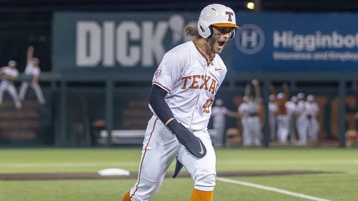 Texas junior right fielder Aiden Robbins celebrates while rounding the bases during junior catcher Carson Tinney's Grand Slam in the bottom of the eighth inning against the UTSA Roadrunners on May 5, 2026, at UFCU Disch-Falk Field in Austin, Texas. Texas junior right fielder Aiden Robbins celebrates while rounding the bases during junior catcher Carson Tinney's Grand Slam in the bottom of the eighth inning against the UTSA Roadrunners on May 5, 2026, at UFCU Disch-Falk Field in Austin, Texas.