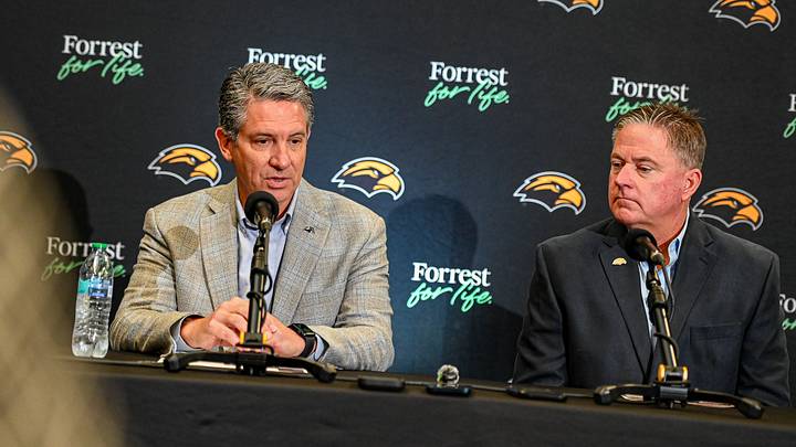 Southern Miss Athletic Director Jeremy McClain and head baseball coach Christian Ostrander during Tuesday's press conference announcing renovation plans for Pete Taylor Park.