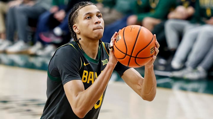 Feb 4, 2026; Waco, Texas, USA; Baylor Bears guard Cameron Carr (43) shoots a free throw against the Colorado Buffaloes during the second half at Paul and Alejandra Foster Pavilion. Feb 4, 2026; Waco, Texas, USA; Baylor Bears guard Cameron Carr (43) shoots a free throw against the Colorado Buffaloes during the second half at Paul and Alejandra Foster Pavilion.