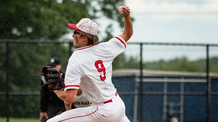 Jamesville-DeWitt's Luke VanMarter throws a pitch during the 2024 Section III Class A Sectional Championship final at Onondaga Community College on Tuesday, May 28, 2024.