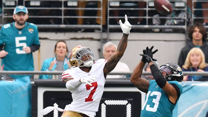 San Francisco 49ers cornerback Charvarius Ward (7) breaks up an end zone pass to Jacksonville Jaguars wide receiver Christian Kirk (13) during second quarter action. The Jacksonville Jaguars hosted the San Francisco 49ers at EverBank Stadium in Jacksonville, FL Sunday, November 12, 2023. The Jaguars trailed 13 to 3 at the half. [Bob Self/Florida Times-Union]