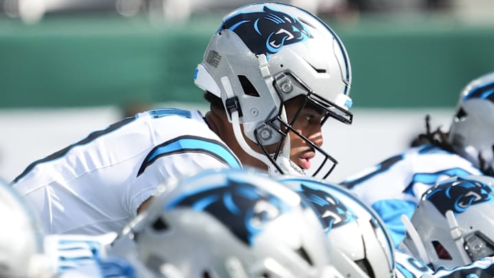 Oct 19, 2025; East Rutherford, New Jersey, USA; Carolina Panthers quarterback Bryce Young (9) warms up before the game against the New York Jets at MetLife Stadium. 
