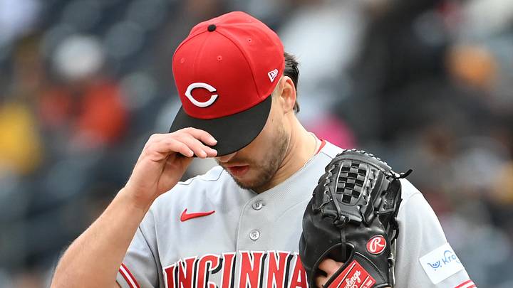 May 2, 2026; Pittsburgh, Pennsylvania, USA;  Cincinnati Reds relief pitcher Connor Phillips reacts on the mound against the Pittsburgh Pirates during the second inning at PNC Park. Mandatory Credit: Philip G. Pavely-Imagn Images