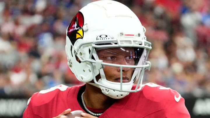 Sep 17, 2023; Glendale, AZ, USA; Arizona Cardinals quarterback Joshua Dobbs (9) prepares to return to the field against the New York Giants in the first half at State Farm Stadium. Mandatory Credit: Rob Schumacher-Arizona Republic