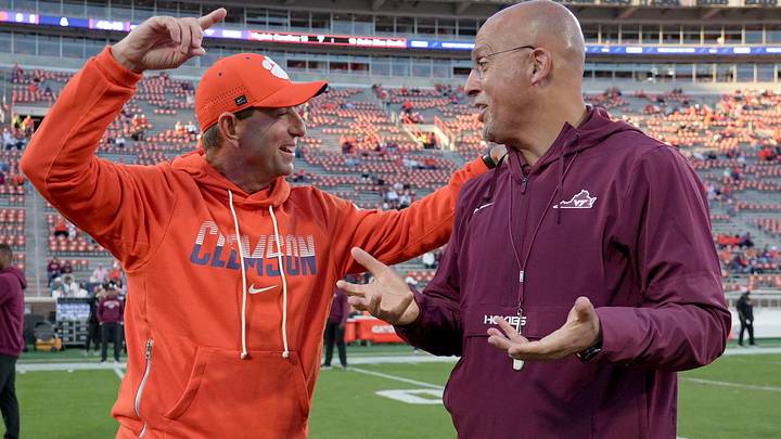 Coaches during warm up time before kickoff with Clemson and Virginia Tech at Memorial Stadium in Clemson, S.C. Saturday, Oct 24, 2026. Coaches during warm up time before kickoff with Clemson and Virginia Tech at Memorial Stadium in Clemson, S.C. Saturday, Oct 24, 2026.