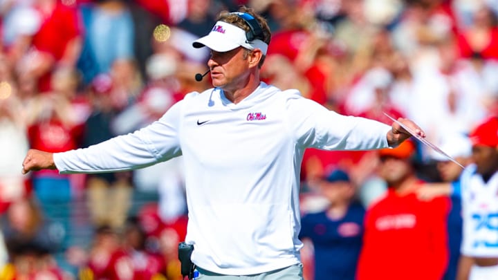 Oct 25, 2025; Norman, Oklahoma, USA;  Ole Miss Rebels head coach Lane Kiffin reacts during the second half against the Oklahoma Sooners at Gaylord Family-Oklahoma Memorial Stadium. Mandatory Credit: Kevin Jairaj-Imagn Images