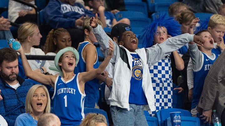 Kentucky Wildcats fans cheer on the men’s basketball team during the Kentucky Blue-White preseason event on Friday, Oct. 18, 2024 at the Memorial Coliseum.