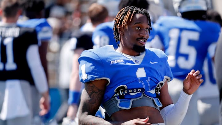 Middle Tennessee wide receiver Omari Kelly (1) dances on the field after the blue team beat the white time during the MTSU Blue and White Spring game on Saturday, April 13, 2024.