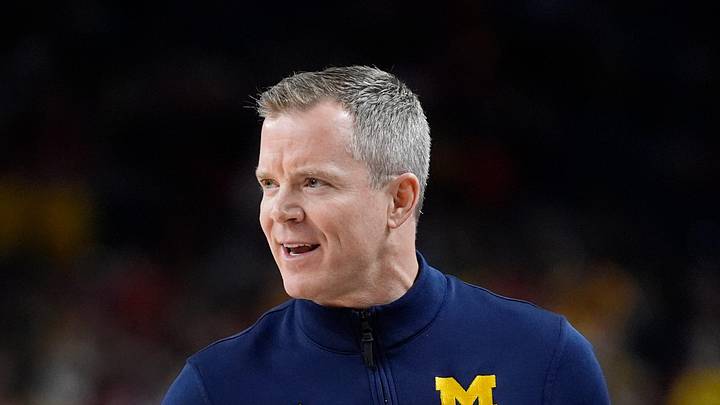Michigan head coach Dusty May on the sidelines in the first half of the Wolverine’s Final Four game at Lucas Oil Stadium in Indianapolis on Saturday, April 4, 2026.