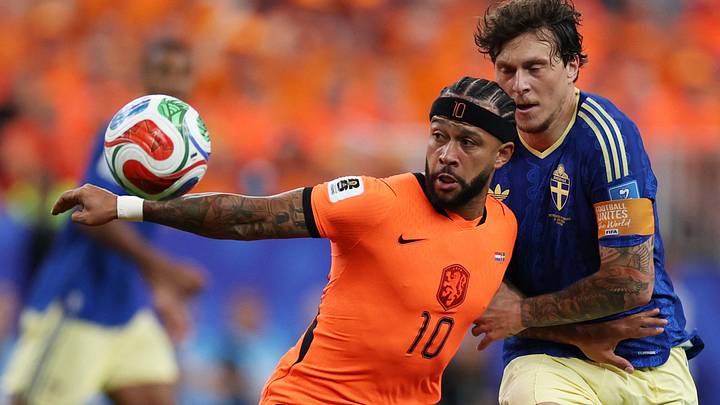  June 20, 2026; Houston, Texas, U.S.; Netherlands' Memphis Depay in action with Sweden's Victor Lindelof.  