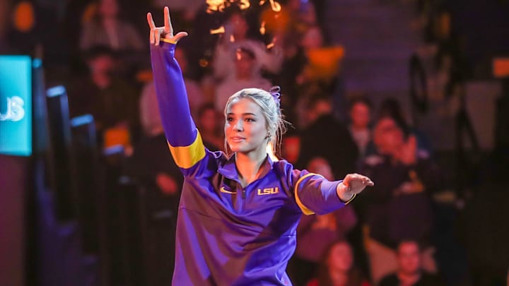 LSU’s Livvy Dunne is introduced to the crowd prior to NCAA, College League, USA Gymnastics action between the Ohio St. Buckeyes and the LSU Tigers.