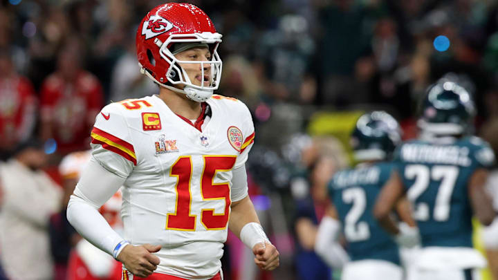 Kansas City Chiefs quarterback Patrick Mahomes (15) reacts after a play against the Philadelphia Eagles during the first half of Super Bowl LIX at Caesars Superdome.