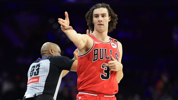 Feb 24, 2025; Philadelphia, Pennsylvania, USA; Chicago Bulls guard Josh Giddey (3) reacts after his three-pointer against the Philadelphia 76ers during the fourth quarter at Wells Fargo Center. Mandatory Credit: Bill Streicher-Imagn Images