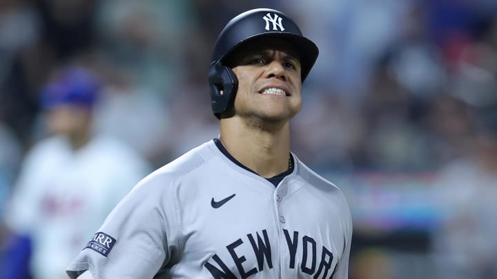 Jun 25, 2024; New York City, New York, USA; New York Yankees right fielder Juan Soto (22) reacts after his long fly ball with the bases loaded goes foul during the eighth inning against the New York Mets at Citi Field. Mandatory Credit: Brad Penner-USA TODAY Sports Jun 25, 2024; New York City, New York, USA; New York Yankees right fielder Juan Soto (22) reacts after his long fly ball with the bases loaded goes foul during the eighth inning against the New York Mets at Citi Field. Mandatory Credit: Brad Penner-USA TODAY Sports