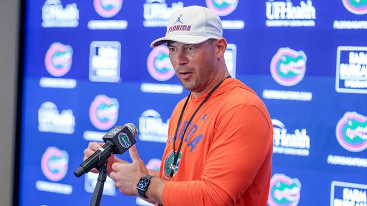 Florida head coach Jon Sumrall speaks after spring practice at Sanders Practice Fields in Gainesville, FL on Tuesday, March 31, 2026. [Alan Youngblood/Gainesville Sun]