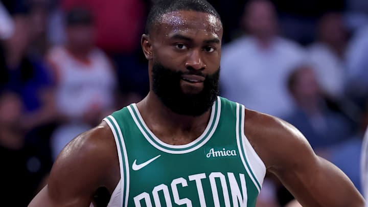 May 16, 2025; New York, New York, USA; Boston Celtics guard Jaylen Brown (7) reacts during the second quarter of game six in the second round of the 2025 NBA Playoffs against the New York Knicks at Madison Square Garden. Mandatory Credit: Brad Penner-Imagn Images