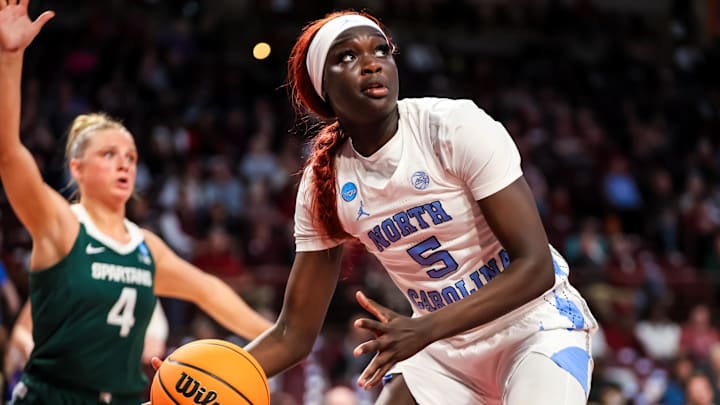 Mar 22, 2024; Columbia, SC, USA; North Carolina Tar Heels forward Maria Gakdeng (5) looks to score against the Michigan State Spartans in the second half at Colonial Life Arena. Mandatory Credit: Jeff Blake-Imagn Images