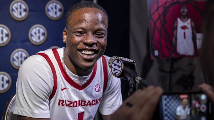 Arkansas Razorbacks guard Johnell Davis talks with the media during SEC Media Days at Grand Bohemian Hotel. 