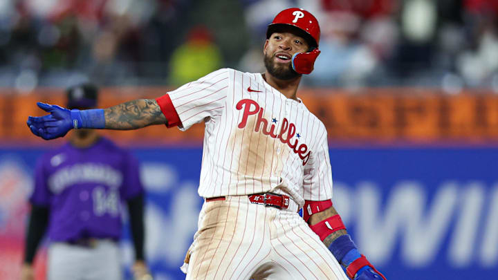 Apr 2, 2025; Philadelphia, Pennsylvania, USA; Philadelphia Phillies shortstop Edmundo Sosa (33) reacts after his 2 RBI double during the eighth inning against the Colorado Rockies at Citizens Bank Park. Apr 2, 2025; Philadelphia, Pennsylvania, USA; Philadelphia Phillies shortstop Edmundo Sosa (33) reacts after his 2 RBI double during the eighth inning against the Colorado Rockies at Citizens Bank Park.