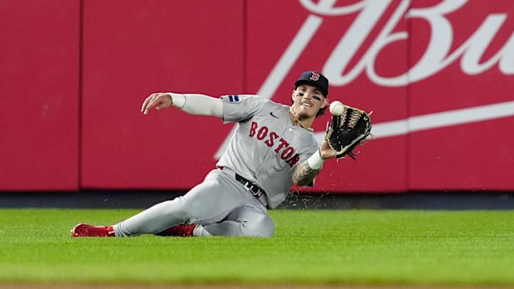 Jarren Duran makes a diving catch against the Yankees in 2024.