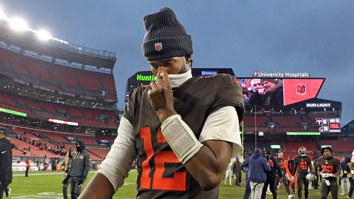 Cleveland Browns quarterback Shedeur Sanders (12) walks off the field after losing to the Tennessee Titans in an NFL football game at Huntington Bank Field, Dec. 7, 2025, in Cleveland, Ohio.