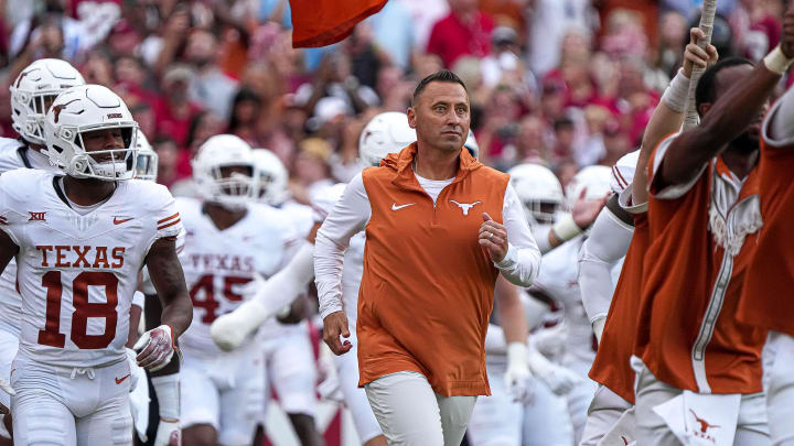Texas Longhorns head coach Steve Sarkisian leads his team onto the field ahead of the game against Alabama at Bryant-Denny Stadium on Saturday, Sep. 9, 2023 in Tuscaloosa, Alabama.