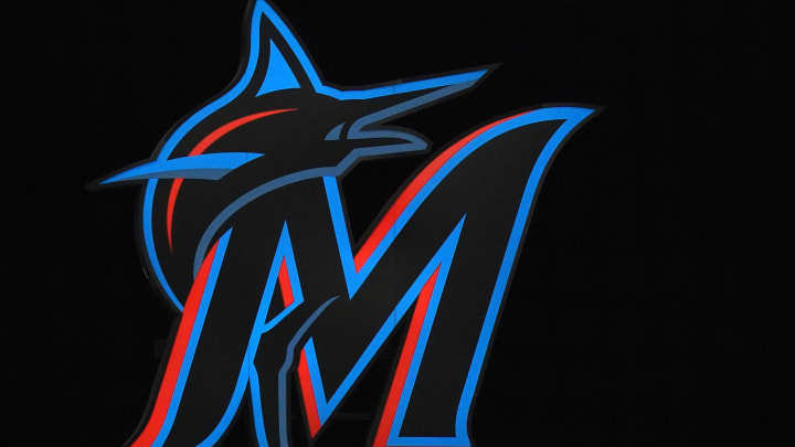 May 5, 2021; Miami, Florida, USA; A general view of the Miami Marlins illuminated logo at loanDepot