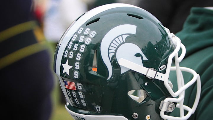 November 19, 2011; East Lansing, MI, USA; Michigan State Spartan helmet on sideline during the game