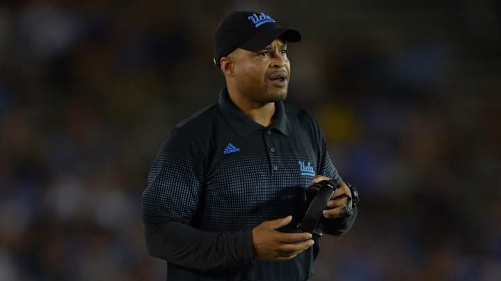 Aug 31, 2013; Pasadena, CA, USA; UCLA Bruins passing game coordinator coach Demetrice Martin during the game against the Nevada Wolf Pack at the Rose Bowl. UCLA defeated Nevada 58-20. Mandatory Credit: Kirby Lee-Imagn Images Aug 31, 2013; Pasadena, CA, USA; UCLA Bruins passing game coordinator coach Demetrice Martin during the game against the Nevada Wolf Pack at the Rose Bowl. UCLA defeated Nevada 58-20. Mandatory Credit: Kirby Lee-Imagn Images