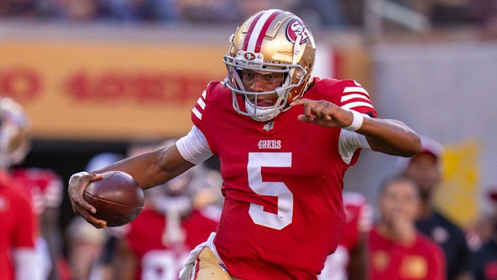 August 18, 2024; Santa Clara, California, USA; San Francisco 49ers quarterback Joshua Dobbs (5) during the second quarter against the New Orleans Saints at Levi's Stadium. Mandatory Credit: Kyle Terada-Imagn Images