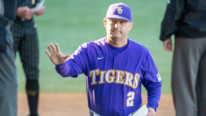 Tigers head coach Jay Johnson as the LSU Tigers take on the Vanderbilt Commodores at Alex Box Stadium in Baton Rouge LA. Thursday, April 4, 2024.