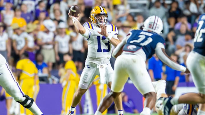 Quarterback Garrett Nussmeier 13 throws a pass as the LSU Tigers take on the South Alabama Jaguars at Tiger Stadium in Baton Rouge, LA.Saturday, Sept. 28, 2024.