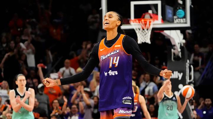Phoenix Mercury forward DeWanna Bonner (14) reacts after making a jumper shot against the New York Liberty late in the fourth quarter during Game Three of the 2025 WNBA Playoffs first round at PHX Arena on Sept. 19, 2025, in Phoenix.