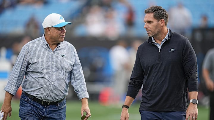 Aug 8, 2025; Charlotte, North Carolina, USA; Carolina Panthers team owner David Tepper and General Manager Dan Morgan during the first quarter between the Carolina Panthers and the Cleveland Browns at Bank of America Stadium. Mandatory Credit: Jim Dedmon-Imagn Images