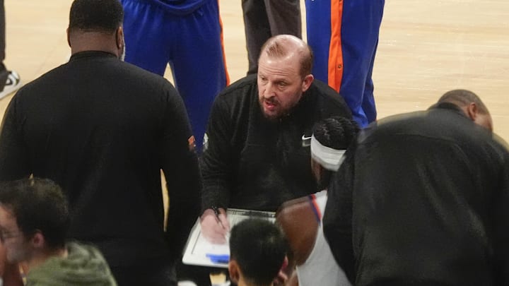 Feb 20, 2025; New York, New York, USA; New York Knicks head coach Tom Thibodeau coaches his players at a break against the Chicago Bulls during the second half at Madison Square Garden. Mandatory Credit: Gregory Fisher-Imagn Images